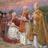 Bild vom Rosenkranzgeheimnis "der dich, o Jungfrau, im Himmel gekrönt hat". Auf dem Bild rechts, knieend: Papst Pius IX., Leo XIII. und der damals regierende Papst Pius X.  Daher mit Tiara dargestellt.